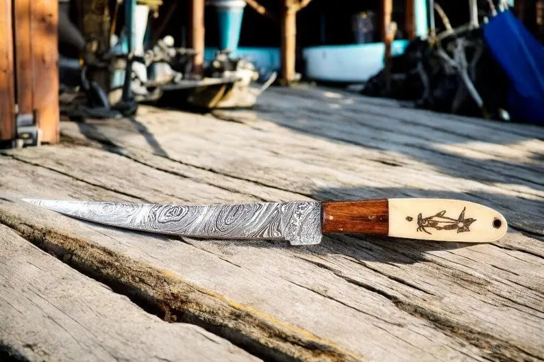 Custom Handmade Damascus Fillet Knife | 13" with Bone & Wood Handle by Damascus Knife Store, Damascus knife main product photo