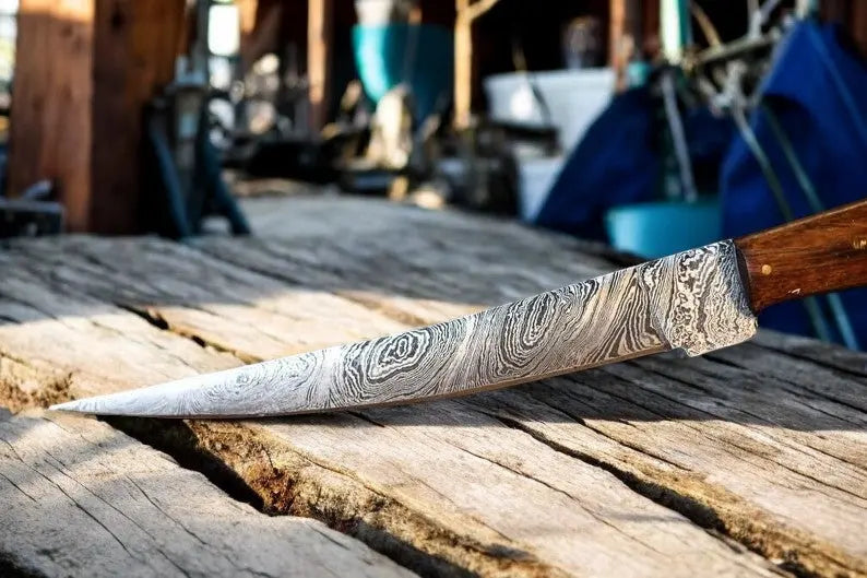 Custom Handmade Damascus Fillet Knife | 13" with Bone & Wood Handle by Damascus Knife Store, Damascus knife detail photo 2