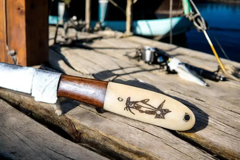 Custom Handmade Damascus Fillet Knife | 13" with Bone & Wood Handle by Damascus Knife Store, Damascus knife detail photo 3