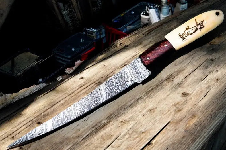 Custom Handmade Damascus Fillet Knife | 13" with Bone & Wood Handle by Damascus Knife Store, Damascus knife detail photo 4