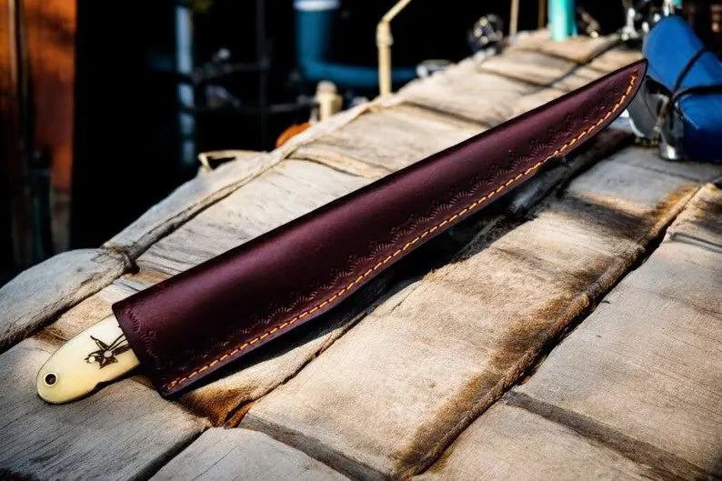 Custom Handmade Damascus Fillet Knife | 13" with Bone & Wood Handle by Damascus Knife Store, Damascus knife detail photo 5