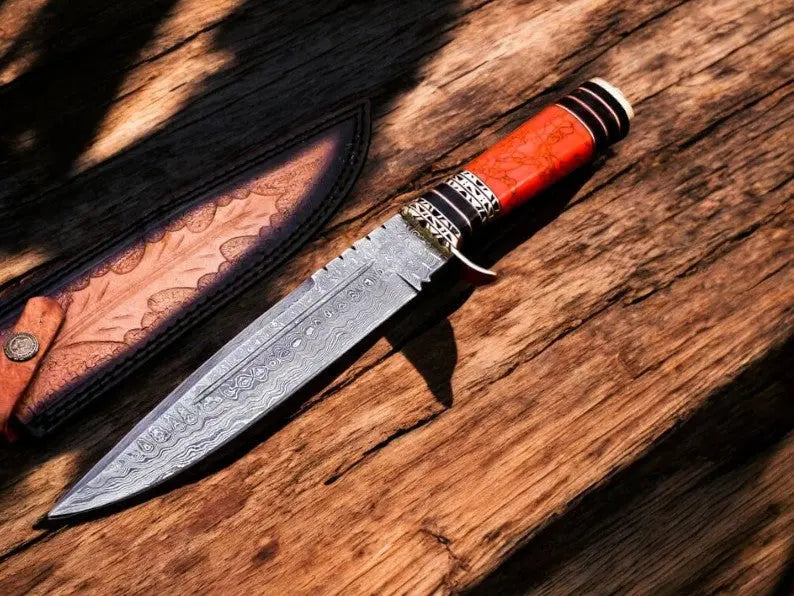 Custom Handmade Damascus Hunting Knife – 11" with Sheath by Damascus Knife Store, leather knife sheath main product photo