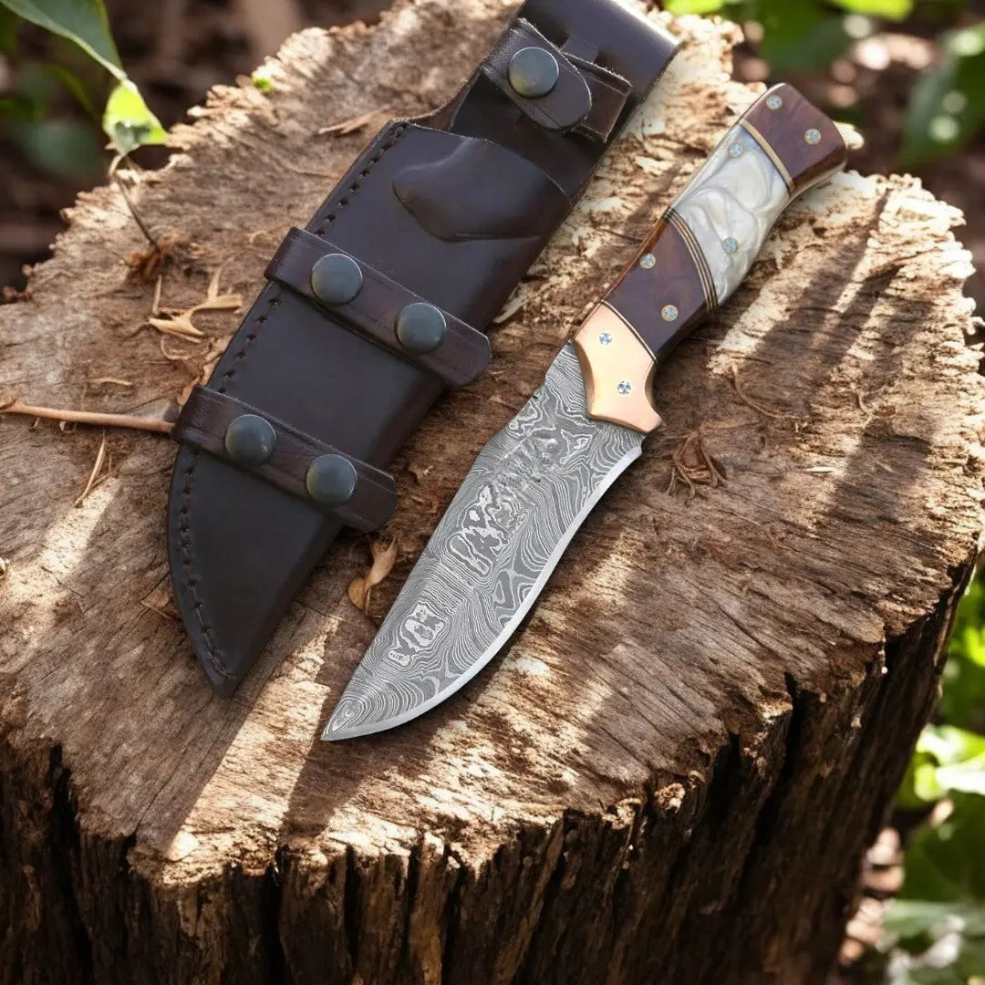 Custom Handmade Damascus Hunting Knife – 8.5" with Sheath by Damascus Knife Store, leather knife sheath main product photo