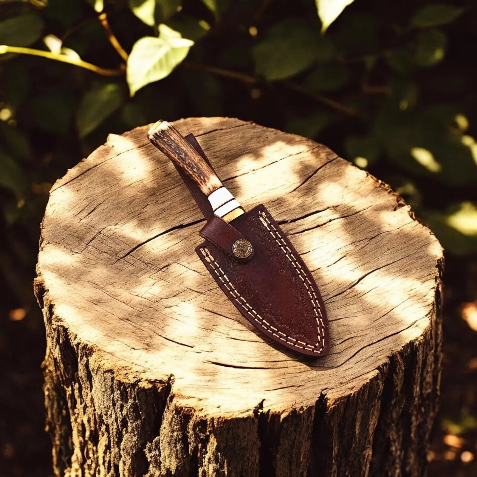 Custom Handmade Damascus Hunting Knife – 8" with Antler Handle by Damascus Knife Store, Damascus knife detail photo 2