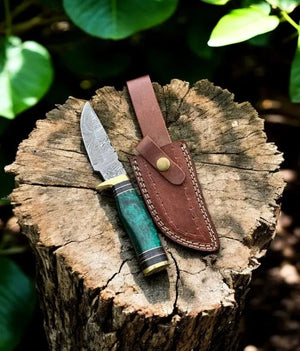 Custom Handmade Damascus Hunting Knife – 8" with Sheath by Damascus Knife Store, leather knife sheath main product photo