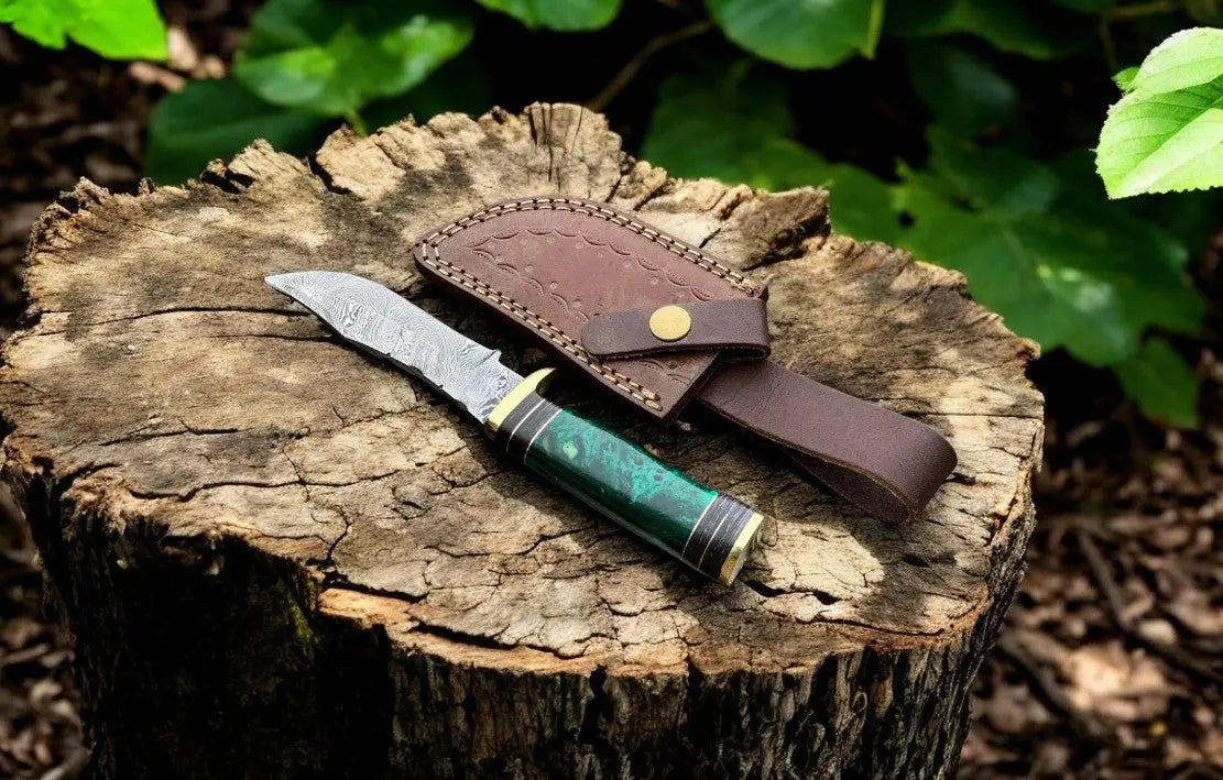 Custom Handmade Damascus Hunting Knife – 8" with Sheath by Damascus Knife Store, leather knife sheath detail photo 3