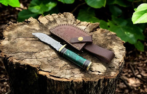 Custom Handmade Damascus Hunting Knife – 8" with Sheath by Damascus Knife Store, leather knife sheath detail photo 3