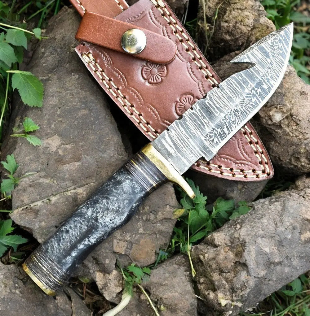 Custom Handmade Damascus Hunting Knife – 8" with Sheath by Damascus Knife Store, leather knife sheath detail photo 6