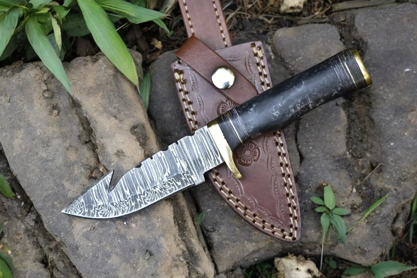 Custom Handmade Damascus Hunting Knife – 8" with Sheath by Damascus Knife Store, leather knife sheath detail photo 7