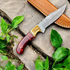 Custom Handmade Damascus Hunting Knife – 9" with Sheath by Damascus Knife Store, leather knife sheath main product photo