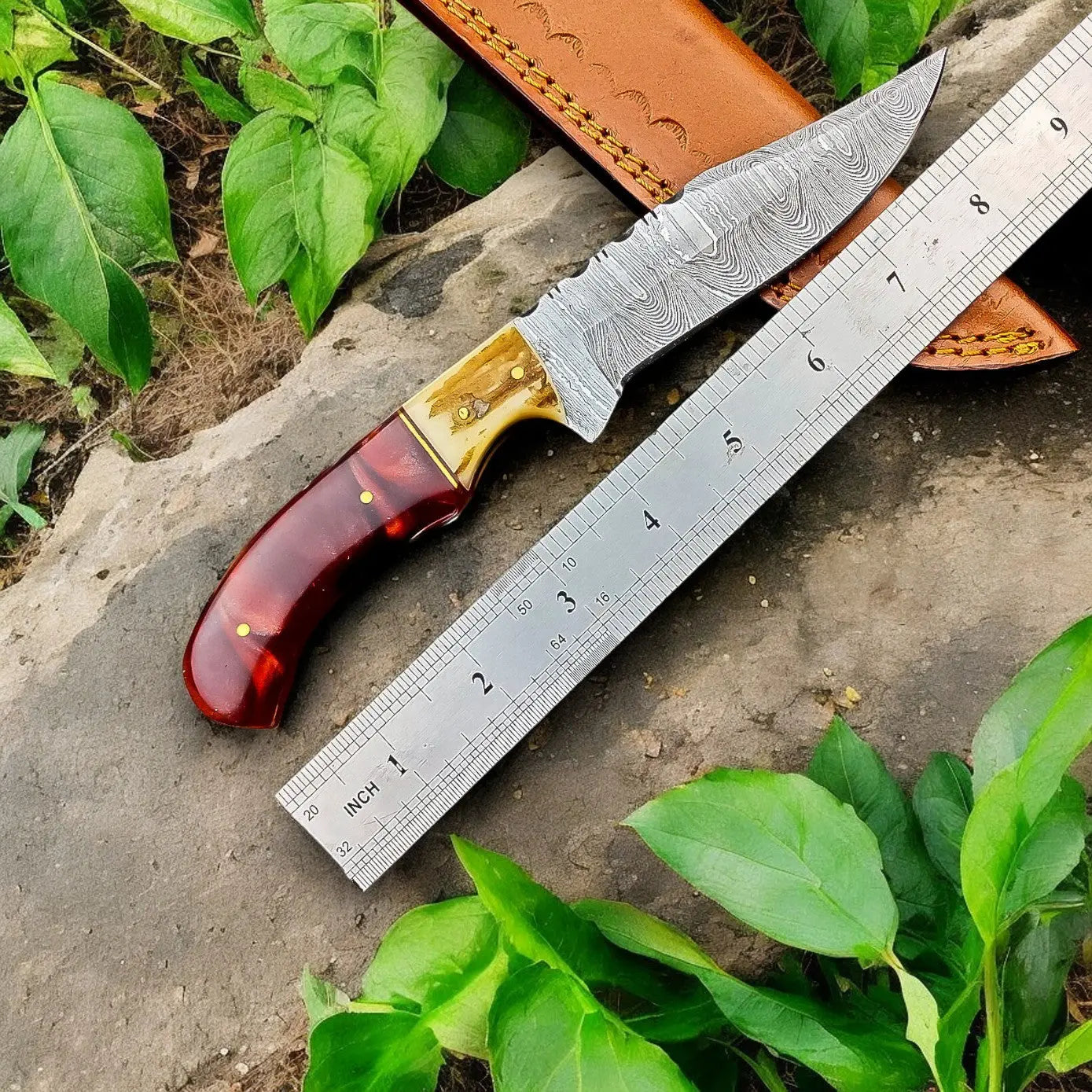 Custom Handmade Damascus Hunting Knife – 9" with Sheath by Damascus Knife Store, leather knife sheath detail photo 2