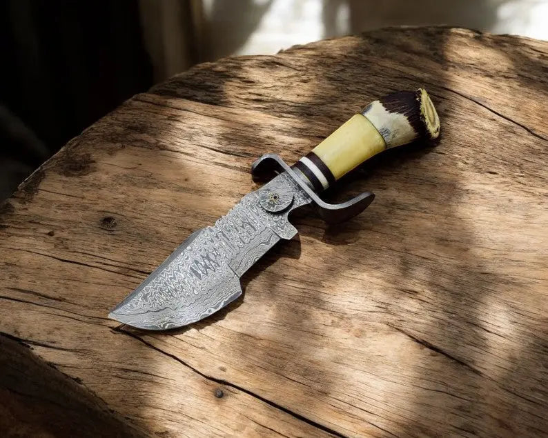 Custom Handmade Damascus Hunting Knife – Stag & Bone Handle Damascus Knife Store