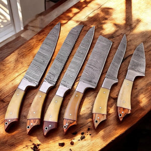 Custom Handmade Damascus Kitchen Knives Set – Leather Roll by Damascus Knife Store, Southern handmade gift main product photo