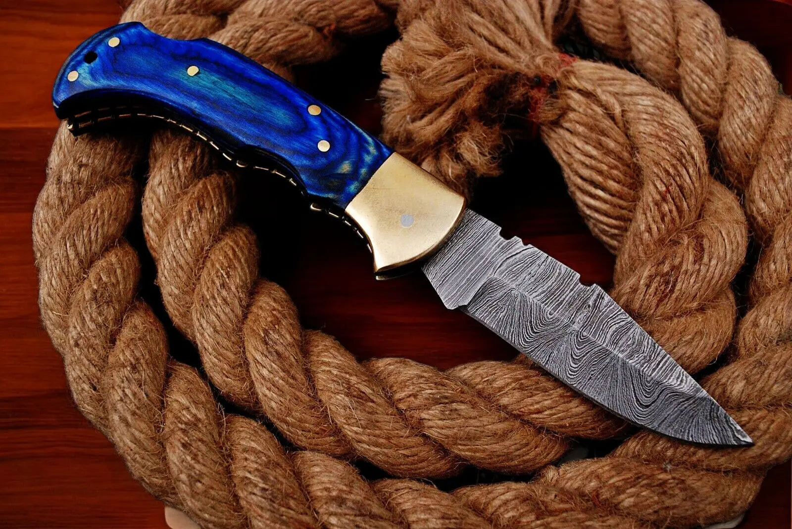Custom Handmade Damascus Pocket Knife – Blue Exotic Wood by Damascus Knife Store, Damascus knife main product photo