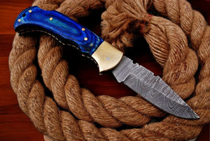 Custom Handmade Damascus Pocket Knife – Blue Exotic Wood by Damascus Knife Store, Damascus knife main product photo
