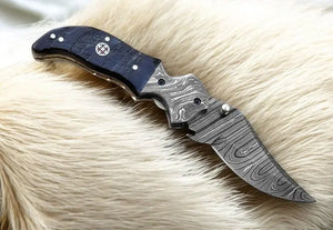 Custom Handmade Damascus Pocket Knife – Blue Pakka Wood by Damascus Knife Store, Damascus knife detail photo 2