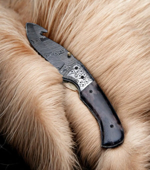 Custom Handmade Damascus Pocket Knife – Colored Bone Handle by Damascus Knife Store, Damascus knife detail photo 5