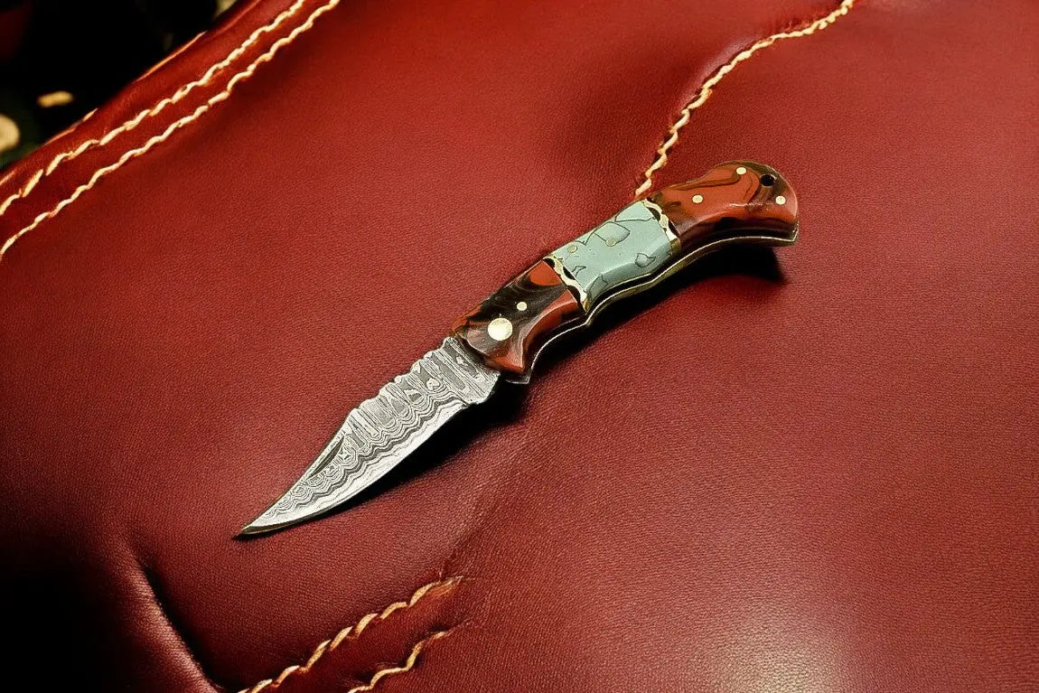 Custom Handmade Damascus Pocket Knife – Epoxy Resin Handle by Damascus Knife Store, Damascus knife detail photo 2