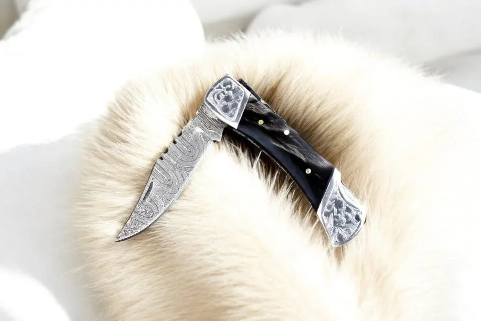 Custom Handmade Damascus Pocket Knife with Buffalo Horn Handle Damascus Knife Store