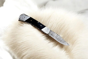 Custom Handmade Damascus Pocket Knife with Buffalo Horn Handle by Damascus Knife Store, Damascus knife detail photo 2