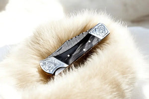 Custom Handmade Damascus Pocket Knife with Buffalo Horn Handle by Damascus Knife Store, Damascus knife detail photo 3