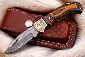 Custom Handmade Damascus Pocket Knife with Exotic Wood Handle by Damascus Knife Store, Damascus knife main product photo