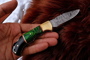 Custom Handmade Damascus Pocket Knife with Green Wood Handle by Damascus Knife Store, Damascus knife main product photo