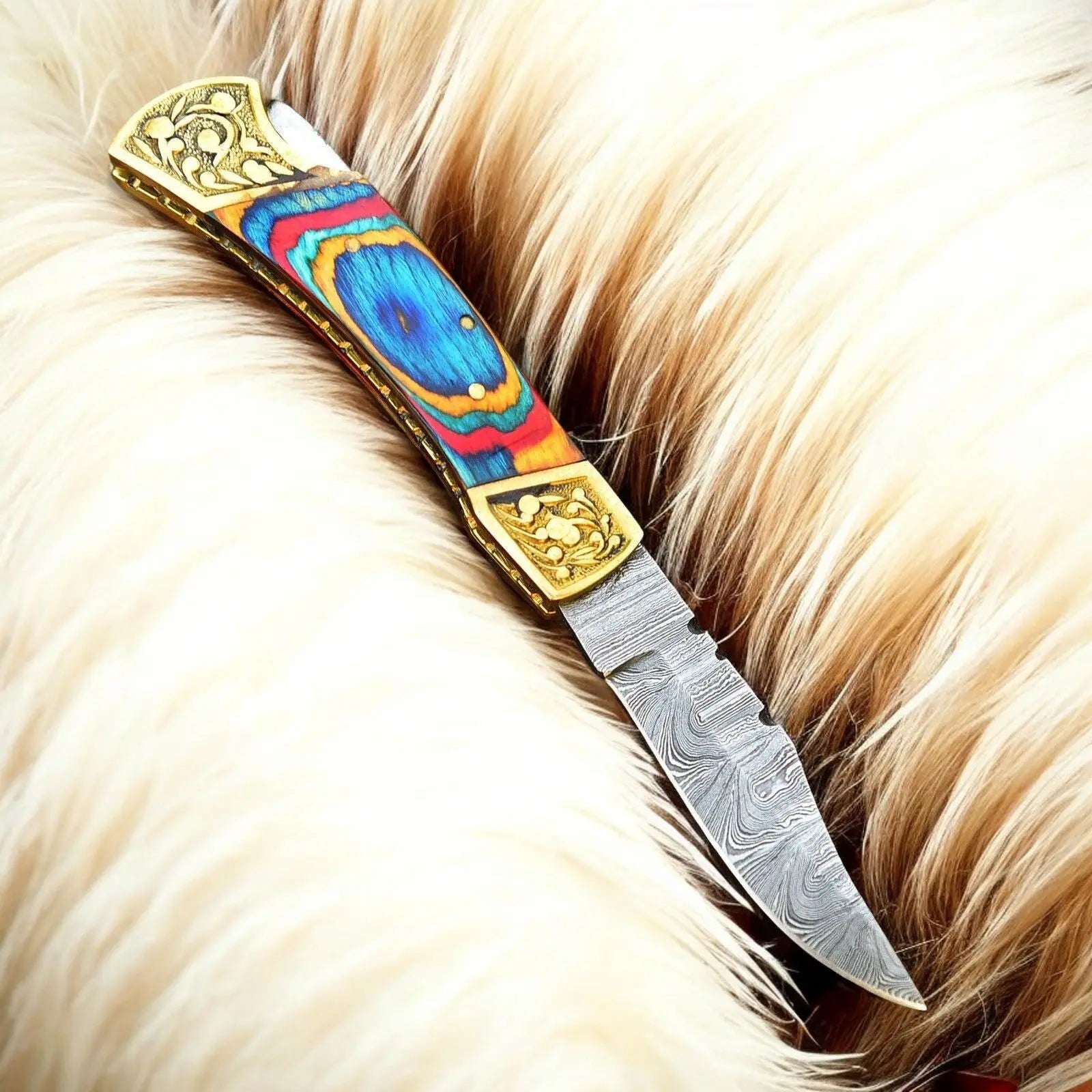 Custom Handmade Damascus Pocket Knife with Multi-Color Wood Handle Damascus Knife Store
