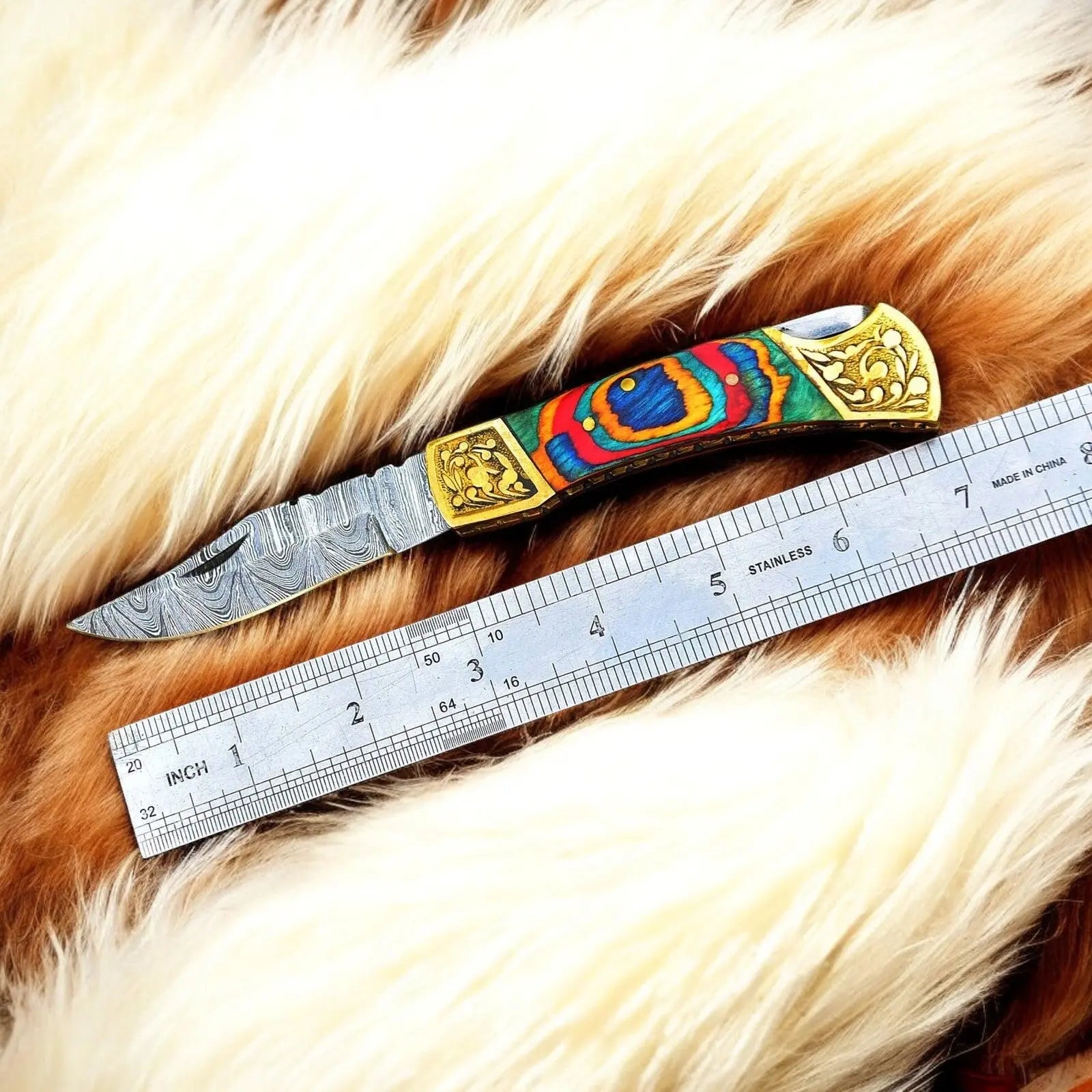 Custom Handmade Damascus Pocket Knife with Multi-Color Wood Handle Damascus Knife Store