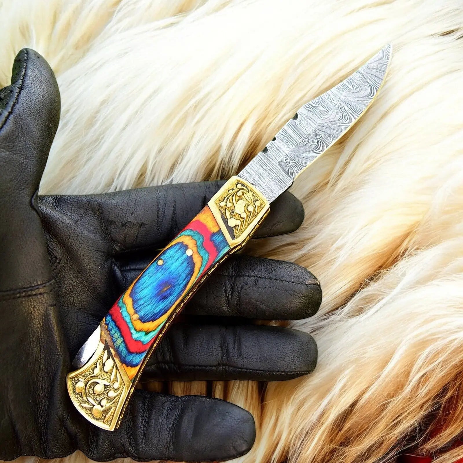 Custom Handmade Damascus Pocket Knife with Multi-Color Wood Handle by Damascus Knife Store, Damascus knife detail photo 5