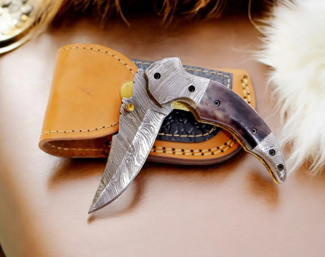 Custom Handmade Damascus Steel Pocket Knife – 3" Blade by Damascus Knife Store, Damascus knife main product photo