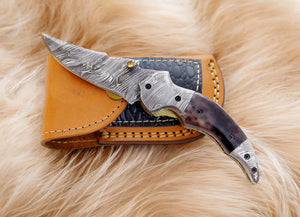 Custom Handmade Damascus Steel Pocket Knife – 3" Blade by Damascus Knife Store, Damascus knife detail photo 3