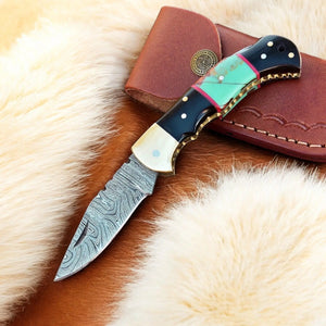 Custom Handmade Damascus Steel Pocket Knife with Brass Bolster Damascus Knife Store