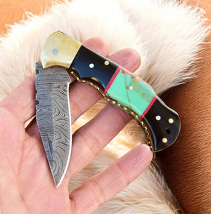 Custom Handmade Damascus Steel Pocket Knife with Brass Bolster Damascus Knife Store
