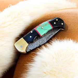 Custom Handmade Damascus Steel Pocket Knife with Brass Bolster Damascus Knife Store