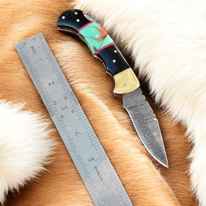 Custom Handmade Damascus Steel Pocket Knife with Brass Bolster Damascus Knife Store