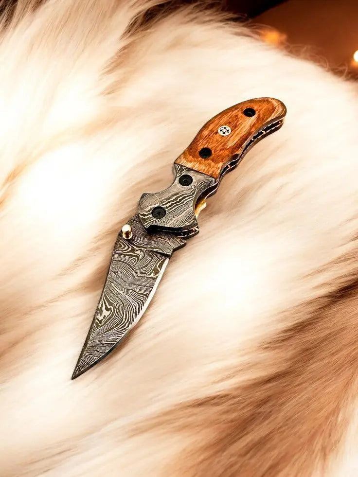 Custom Handmade Damascus Steel Pocket Knife with Olive Wood Handle Damascus Knife Store