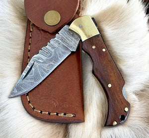 Custom Handmade Damascus Steel Pocket Knife with Rosewood Handle by Damascus Knife Store, Damascus knife detail photo 2