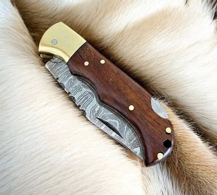 Custom Handmade Damascus Steel Pocket Knife with Rosewood Handle by Damascus Knife Store, Damascus knife detail photo 3