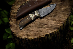 Custom Handmade Damascus Steel Skinning Knife with Rosewood & Bone Handle by Damascus Knife Store, Damascus knife detail photo 2