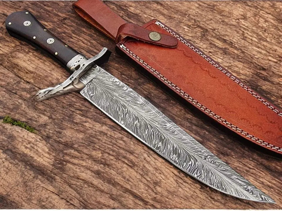 Custom Handmade Feather Pattern Damascus Bowie Knife by Damascus Knife Store, Damascus knife main product photo