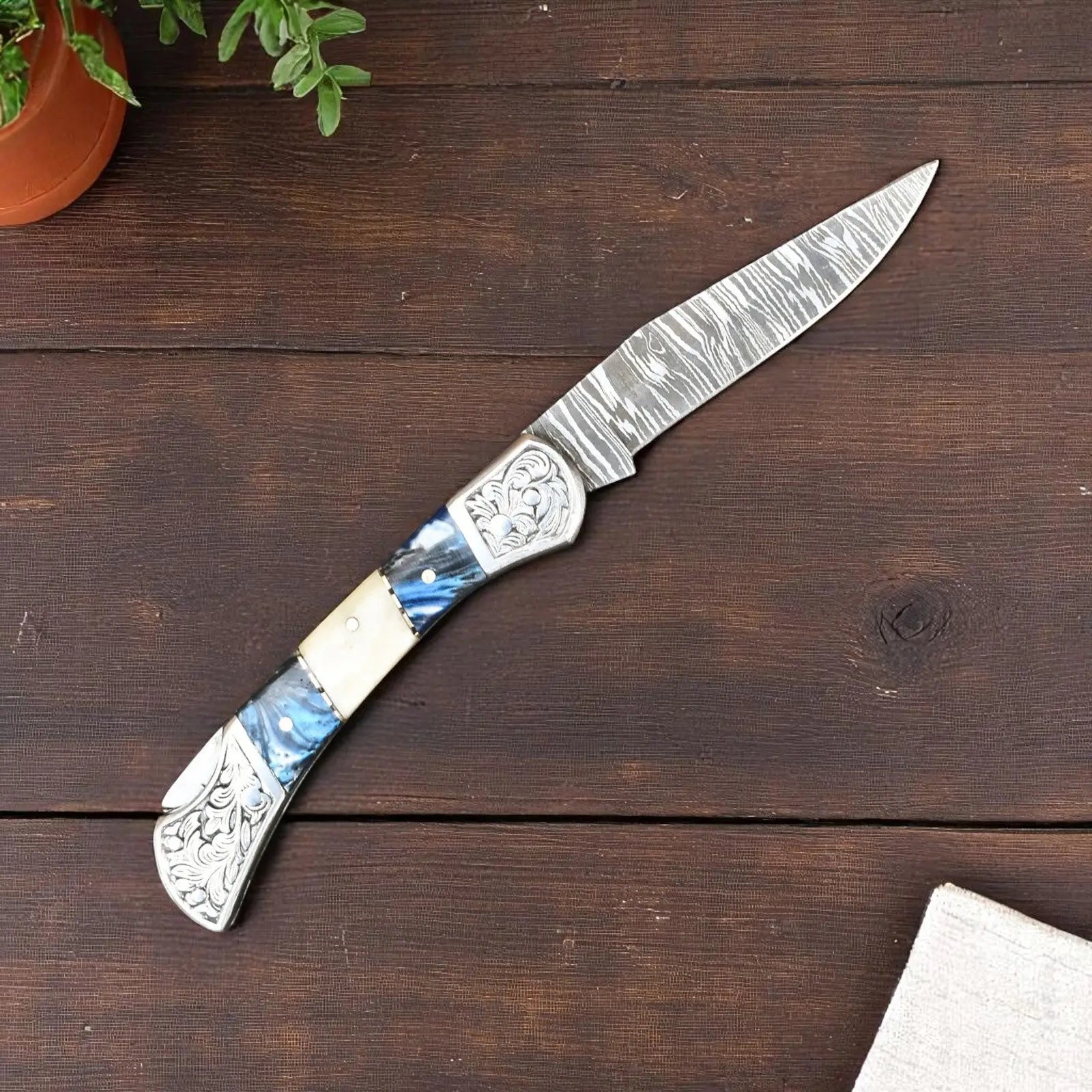 Custom Handmade Pocket Knife with Bone & Resin Handle by Damascus Knife Store, Damascus knife main product photo