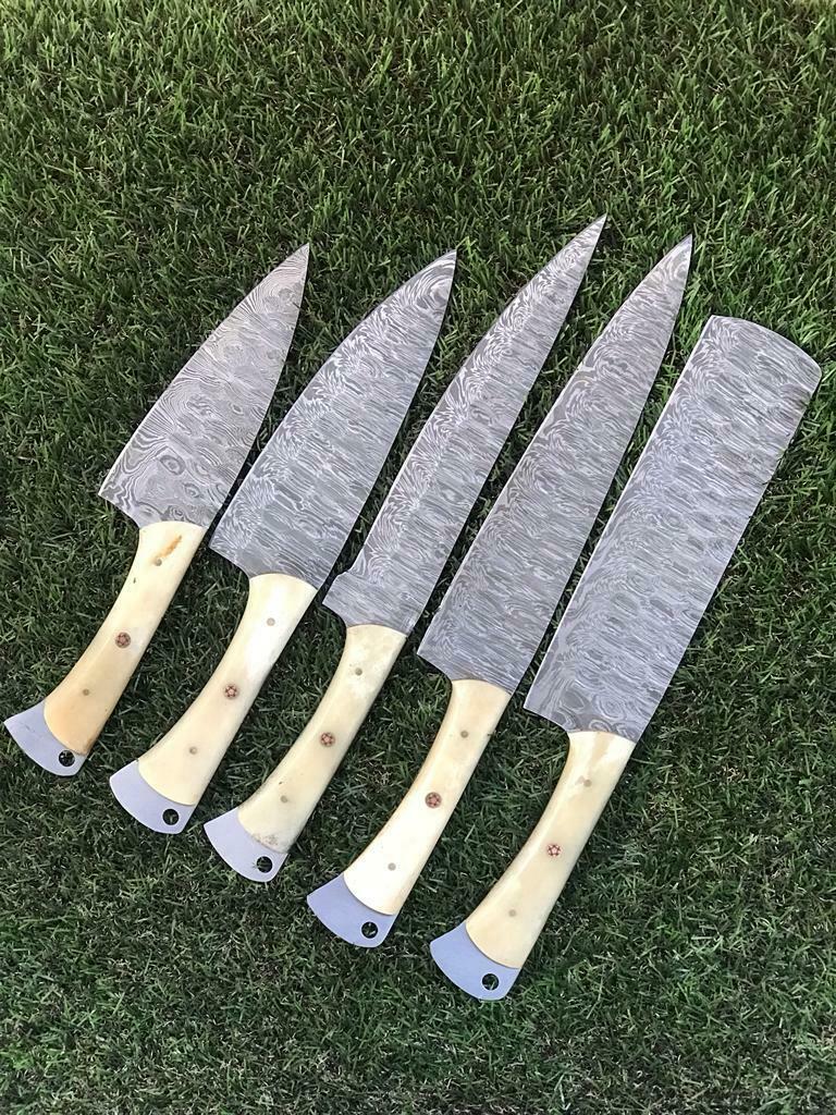 Damascus Chef Knife Set | 5-Piece | Damascus Steel Blades | Camel Bone Handles | Leather Rolling Kit