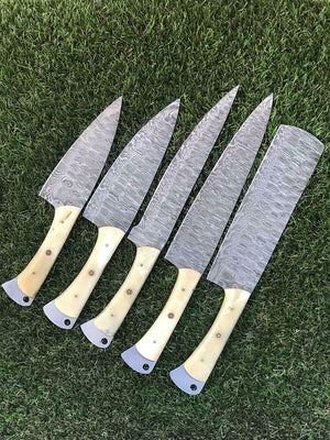 Damascus Chef Knife Set | 5-Piece | Damascus Steel Blades | Camel Bone Handles | Leather Rolling Kit