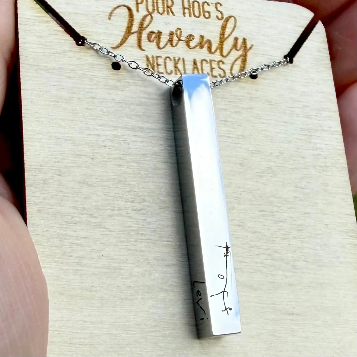 Custom Handwriting Bar Necklace by Poor Hog Customs, handmade jewelry detail photo 7
