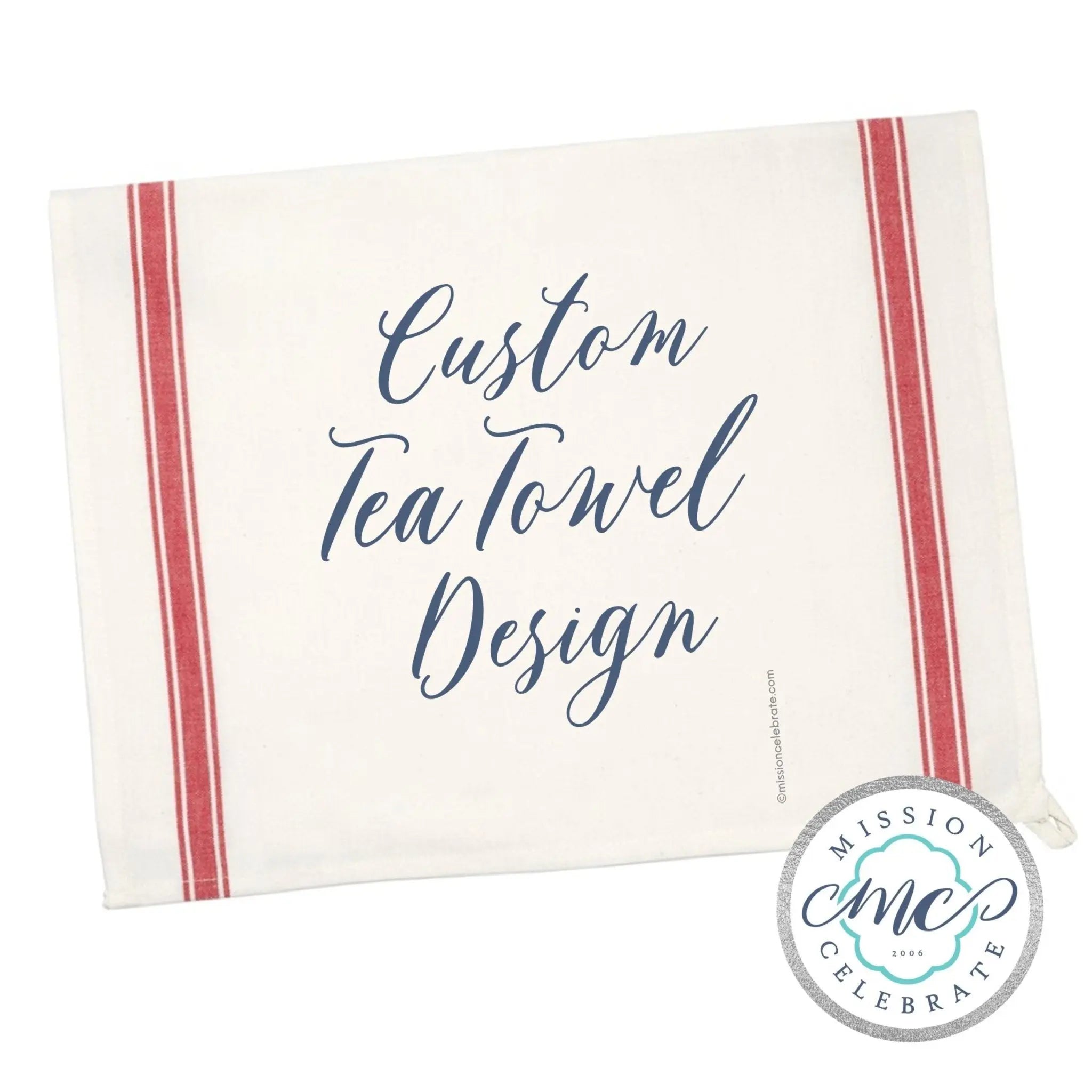 Custom Tea Towel Design by Main Street Collective. Personalized kitchen decor with red stripes. 
