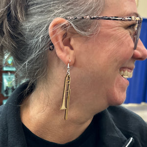 Trombone Wooden Dangle Earrings | Band Instrument Jewelry detail view by Cate's Concepts, LLC