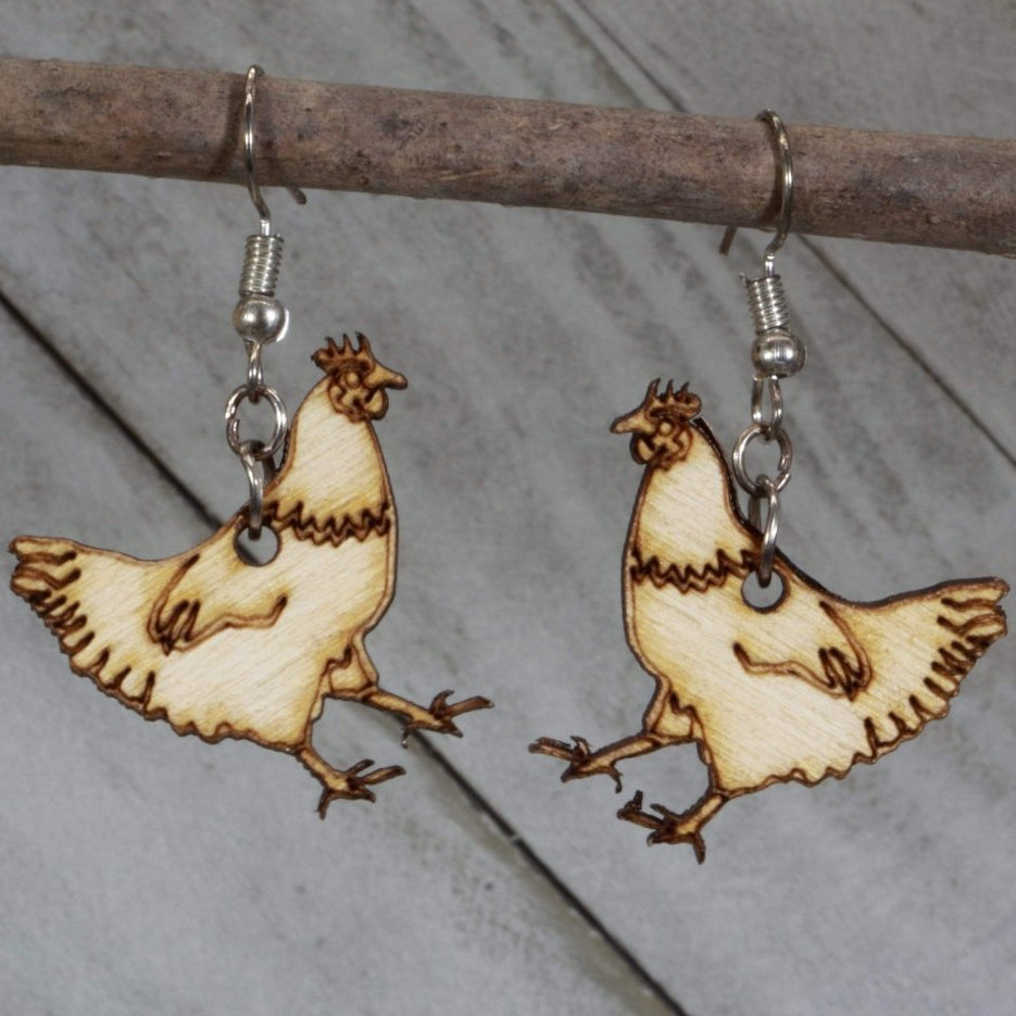 Cute Chicken Wooden Dangle Earrings | Farm Animal Jewelry detail view by Cate's Concepts, LLC
