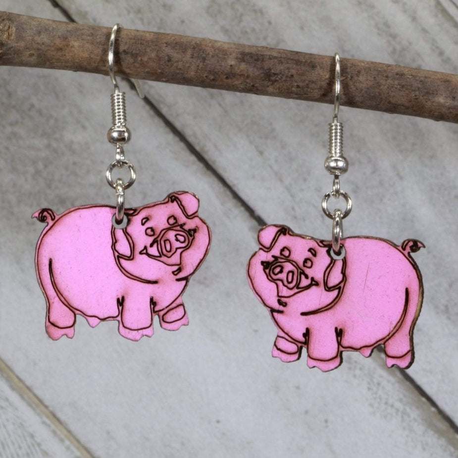 Cute Pig Wooden Dangle Earrings | Farm Animal Jewelry