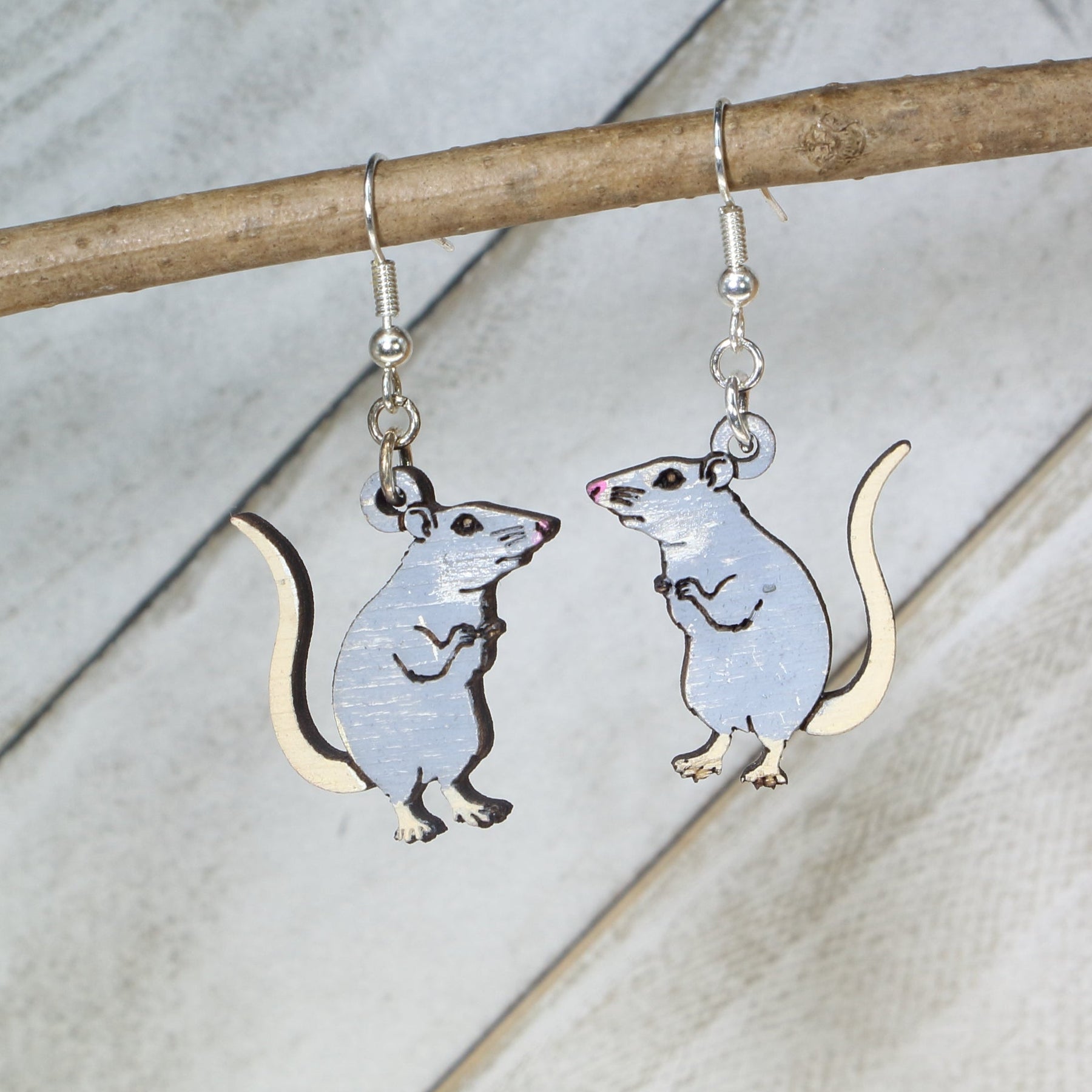 White Rat Wooden Dangle Earrings | Pet Rodent Animal Jewelry